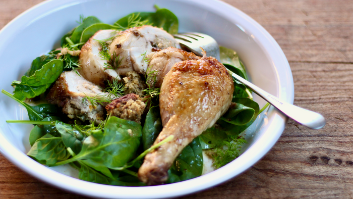 Macadamia and Mushroom Cheese Stuffed Chicken Marylands with Baby Spinach