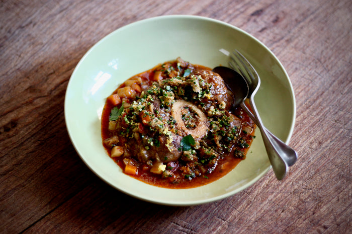 Italian Beef Shank, root vegetable and tomato braise with lemon, garlic and parsley crumbs