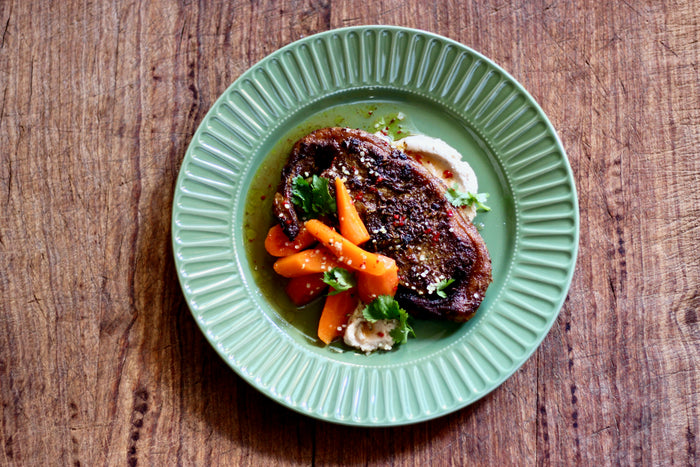 Middle Eastern Spiced Lamb Barnsley Chop with Honey, Chilli Carrots and Hippie Veggies Macadamia and Hemp Cheese