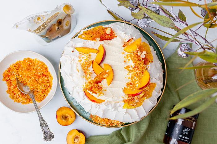 Pavlova with Creme Fraiche and Honey, Macadamia Praline