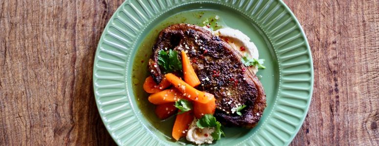 Middle Eastern Spiced Lamb Barnsley Chop with Honey, Chilli Carrots and Hippie Veggies Macadamia and Hemp Cheese