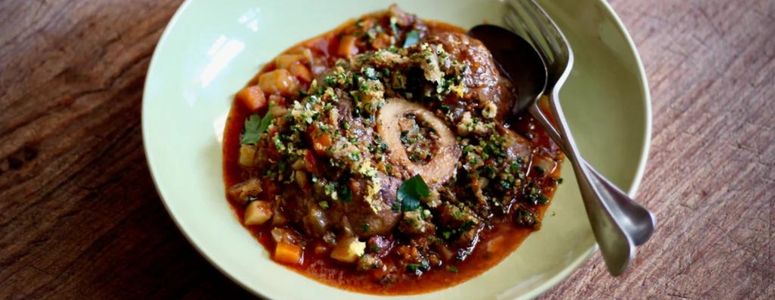 Italian Beef Shank, root vegetable and tomato braise with lemon, garlic and parsley crumbs