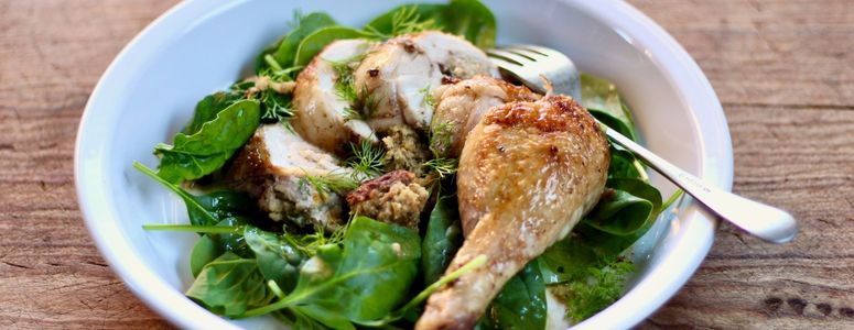 Macadamia and Mushroom Cheese Stuffed Chicken Marylands with Baby Spinach