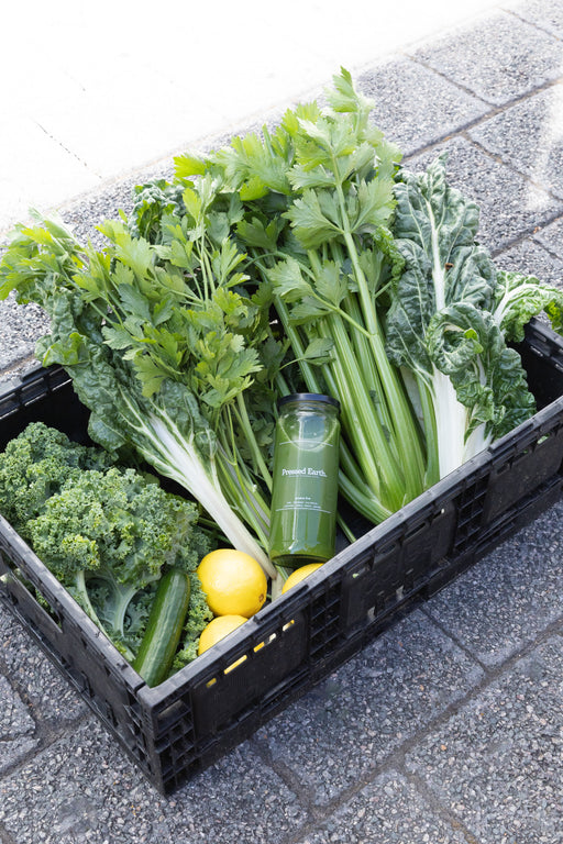 Black crate filled with green vegetables and a bottle on a gray pavement.